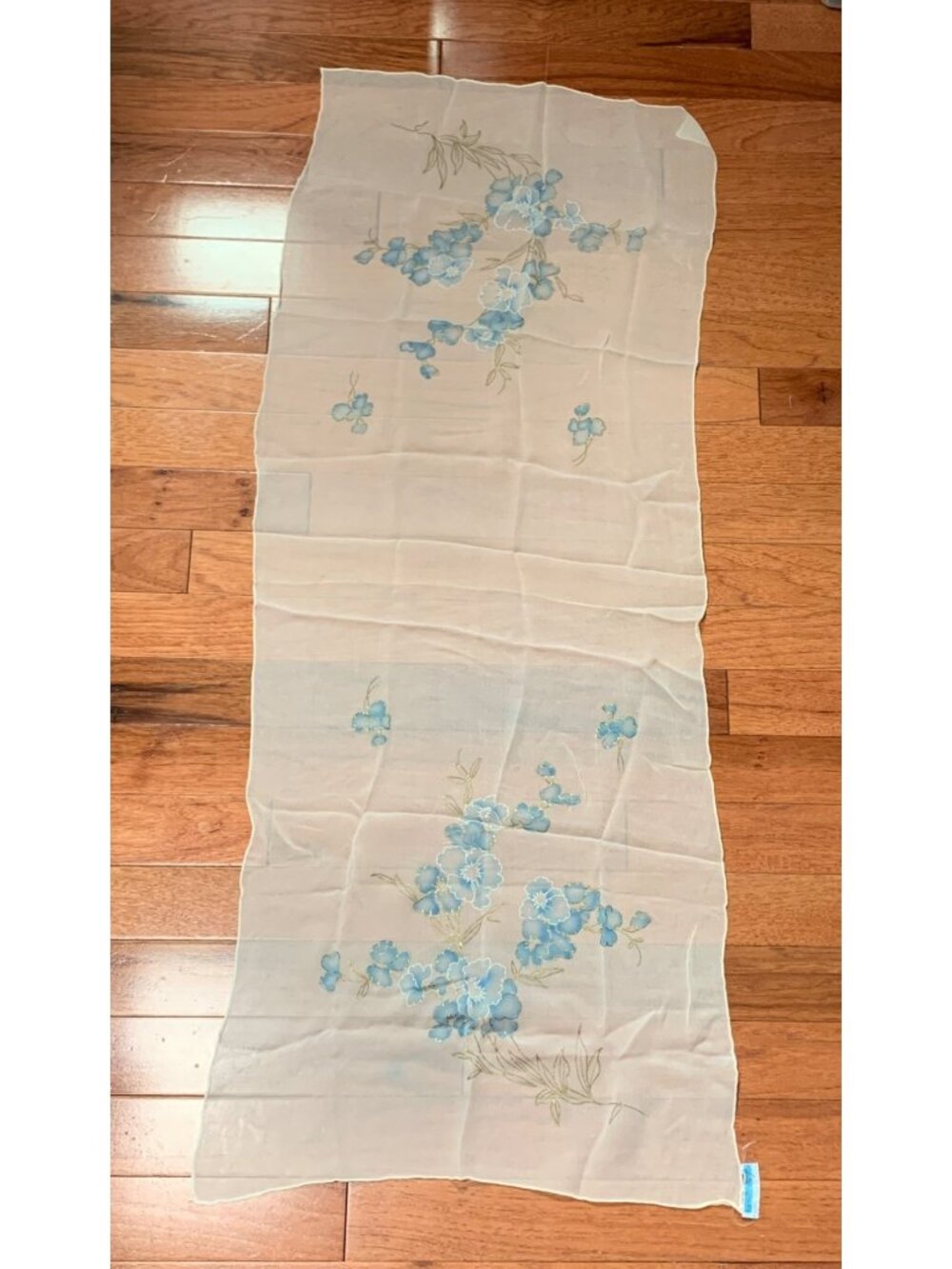 Silk Scarf Blue Floral Pattern 40x17 Made In Japan Lightweight Elegance Vintage